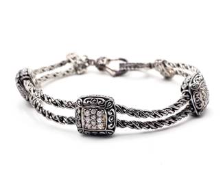 Vintage Sterling Silver Double Cable Bracelet w/ Cubic Zirconia