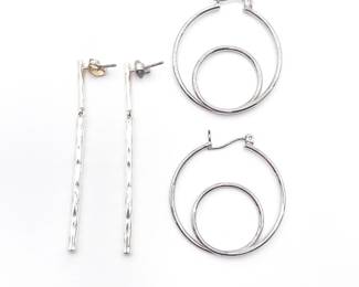 Long Burnished Silver Earrings w/ 925 Sterling Double Hoops