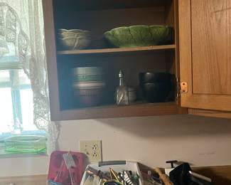 Crock bowls, kitchen utensils