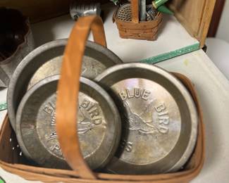 Bluebird pie pans and antique kitchen