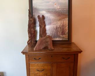 Antique oak dry sink, cypress tree stumps