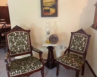 Victorian chairs, plant stand, artwork