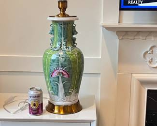 Hand painted lamps in the bok choy famille verte motif. 2 lamps available, sold separately.