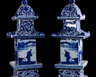 Porcelain pagoda decor, hand painted chinoiserie blue and white