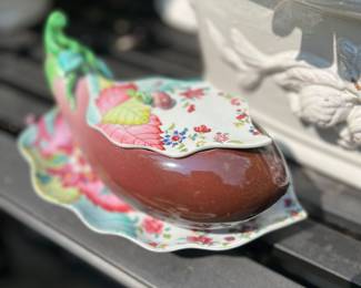 Rare Mottahedeh Nelson Rockefeller Collection eggplant tureen with matching underplate, fitted lid, and original box. Discontinued 1990s form, pristine and unused. 3 available, shipping ready.