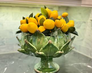 Hand thrown and hand painted majolica style artichoke centerpiece pedestal sculptural bowl or vessel. Made in Tuscany by artisan pottery maker exclusively for Trunky Fresh. 11"H x 11"D. Available for online purchase and national shipping available.