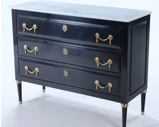 Maison Jansen 1940s ebonized commode chest of drawers with marble top and original hardware. Pristine condition.