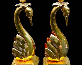 Vintage pair of solid brass swan candlesticks, 12"H