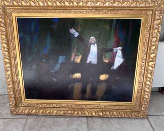 Original oil on canvas framed painting of Pavarotti. Ornate gold frame with some areas of wear. Available for online purchase and national shipping.