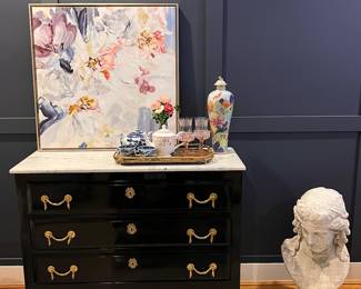Maison Jansen 1940s ebonized commode chest of drawers with marble top and original hardware. Pristine condition.