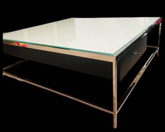 Mitchell Gold + Bob Williams coffee table with shelf and drawer, polished chrome