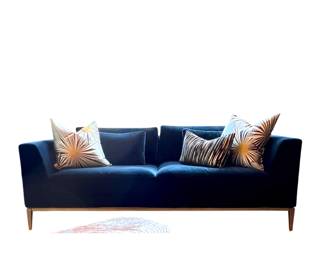 Restoration Hardware (RH) luxury custom made sofa in black velvet with brass legs and base. Originally purchased for $8500. Like new condition. Decorative pillows sold separately.