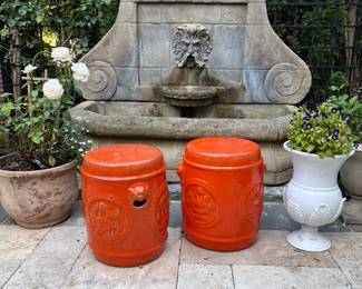 Vintage pair of orange garden stools with foo dog handles, 13"D x 17"H. Available for online purchase and national shipping. $695 pair.