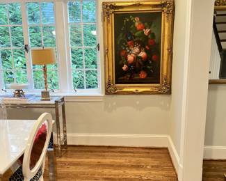 Large oil on canvas floral painting in ornate frame, signed 48"L x 36"W. Available for online purchase and national shipping.