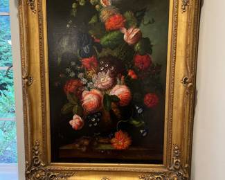 Large oil on canvas floral painting in ornate frame, signed 48"L x 36"W. Available for online purchase and national shipping.