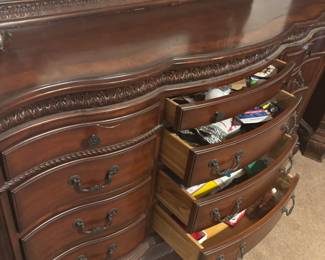 Dresser w mirror 73”w 21”d 37.5”t 88”t w/ mirror $ 450.00
6 piece set $1,200.00
Bed, 2 nite stands, chest, armoire, dresser w mirror