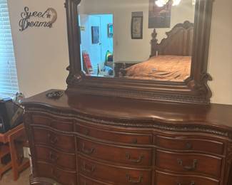 Dresser w mirror 73”w 21”d 37.5”t 88”t w/ mirror $ 450.00
6 piece set $1,200.00
Bed, 2 nite stands, chest, armoire, dresser w mirror