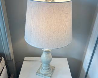 small white nighstand with drawer and cabinet 23 “ x 13” x 17”-$60
white washed metal lamp with shade 24” tall-$35
