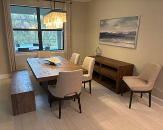 wood dining room table 30” x 76” x 42” 5 cream chairs and matching bench-$620 matching credenza 30” x 62” x 18 3/4”--$320