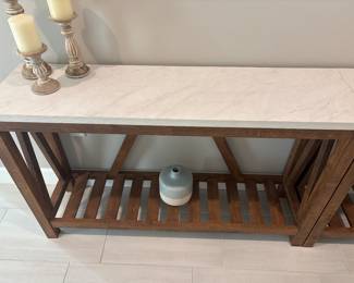 2 beachy wood laminate top hallway tables 32” x 52” x 14”-$220 each
three panel print each 39” x 19 1/2”-$190 set
