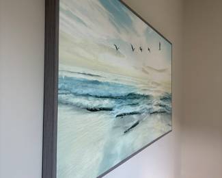Blue water seabird Glicee in gray beach-wood frame 28” x 54”-$120
