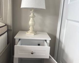 small white nigh stand with drawer and cabinet 23 “ x 13” x 17”-$60
white washed metal lamp with shade 24” tall-$35