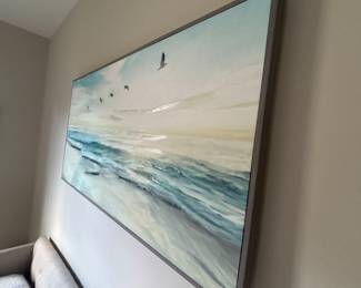Blue water seabird Glicee in gray beach-wood frame 28” x 54”-$120