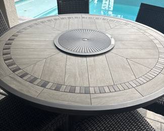 Agio high top fire table with 6 matching chairs 37” x 60” chairs 25” x 19” x 20”-$750