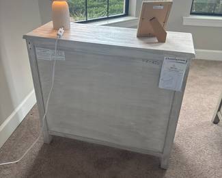 Small 2 door beach-wood style credenza
32” x 35 1/2” x 12 1/2”
lamp with shade 14” tall