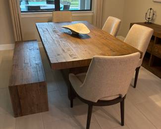 wood dining room table 30” x 76” x 42” 5 cream chairs and matching bench-$620 matching credenza 30” x 62” x 18 3/4”--$320