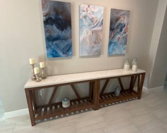 2 beachy wood laminate top hallway tables 32” x 52” x 14”-$220 each
three panel print each 39” x 19 1/2”-$190 set