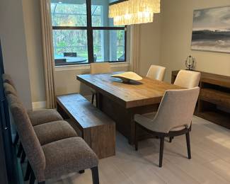 wood dining room table 30” x 76” x 42” 5 with cream chairs and matching bench-$620 matching credenza 30” x 62” x 18 3/4”--$320 3 tweed high back parsons chairs -$120/Each