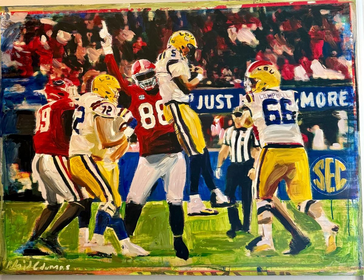 "Bulldogs #1 original plaid columns 48"x36".               $4800  NOW $1200