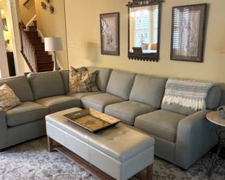 Large sectional, rug, and side table.