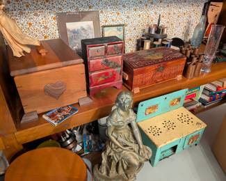 Vintage toys, brass statue, vintage boxes, books, jars