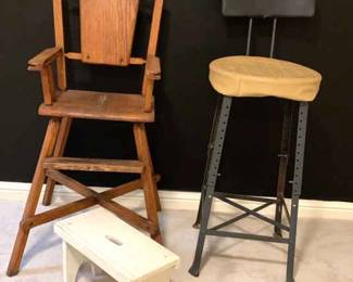 Antique Wooden High Chair, Metal Tool Bench Stool, Step Stool