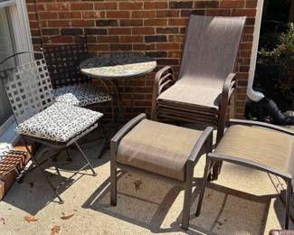 Metal Stone Bistro Table With 2 Chairs  3 Sling Chairs and 2 Ottomans 