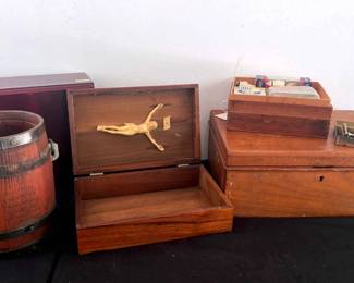 Various Wood Boxes, Antique Shaving Kit, California Fig Barrel, Cigar Humidor