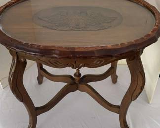 Vintage Wood W Glass Top End Table With Eagle Carving Detail