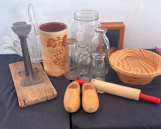 Variety Of Vintage Items Childs Wooden Shoes, Wood Rolling Pin, Rolling Pin, Milk Bottles And More