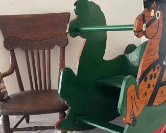 Vintage Pressed Back Childs Chair And Hand Made Rocking Horse