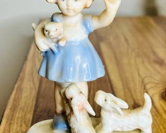 Vintage Porcelain Girl Waving Holding a Cat with 2 Dogs Made in Japan