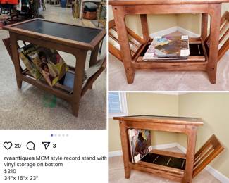 MCM Record Stand with Grooves and 2 Folding Wood Leaves on the Bottom for Vinyl Storage   