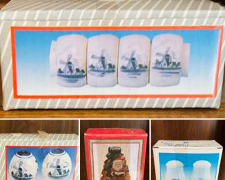 NIB Delft Style Salt and Pepper Shakers, Napkin Rings & Santa From Germany