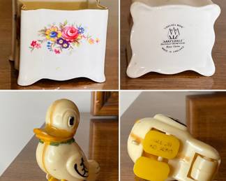 Abbeydale Chelsea Rose bone china trinket box - VTG. 1950’s self walking Toy Duck 