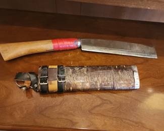 Vintage Machete Knife with Wooden Handle & Leather Sheath