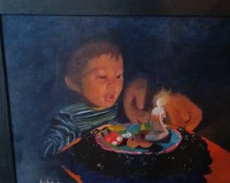 Original Framed Oil Painting – Child with Birthday Cake Candle Signed “Andes 18”