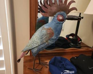 Metal Bird Sculpture Rustic Blue Red Yard Art Southwestern Decor