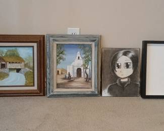4 Framed Art Pieces – Landscape, Mission Church, Anime Portrait, Modern Abstract