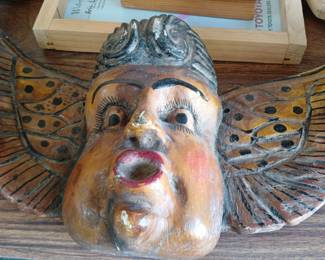 Hand Carved Wooden Angel Mask Wall Hanging Folk Art Spiritual Decor